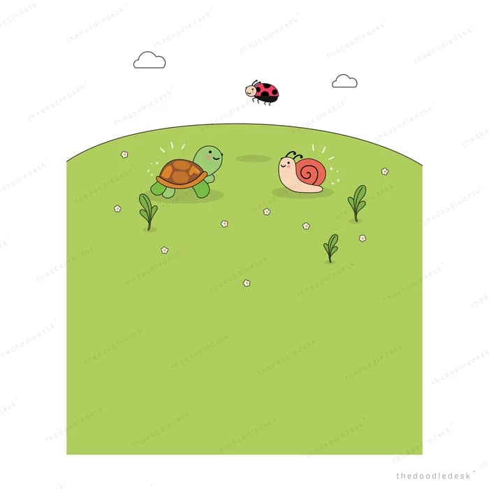 Snail and turtle on a green hill