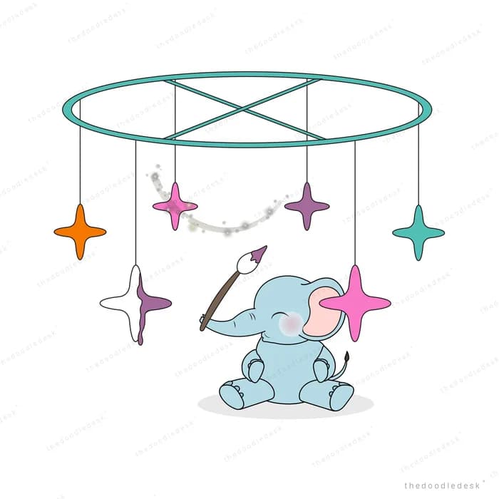 Elephant beneath a hanging baby mobile