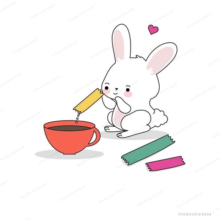Rabbit pouring into a red cup beside chocolate