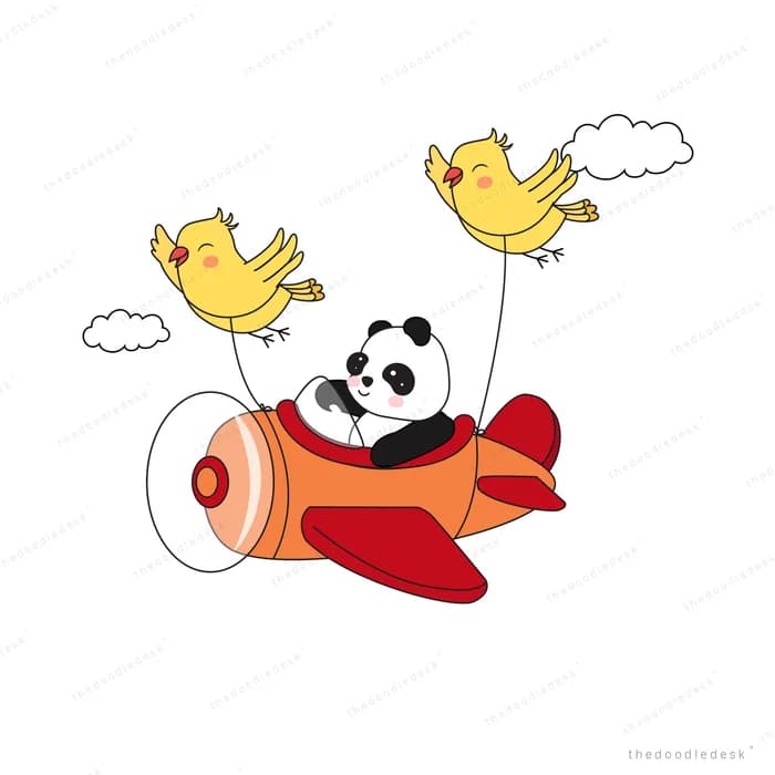 Panda flying a red plane pulled by chicks