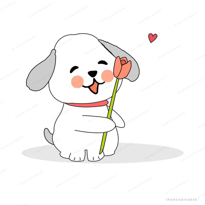 Dog holding a red tulip with a heart above