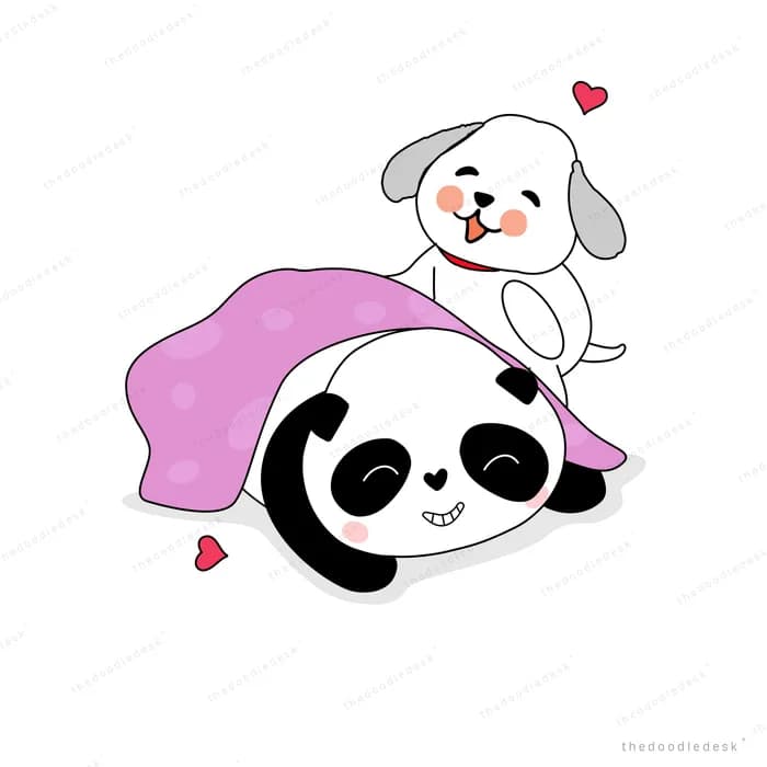 Panda and dog under a pink blanket with hearts
