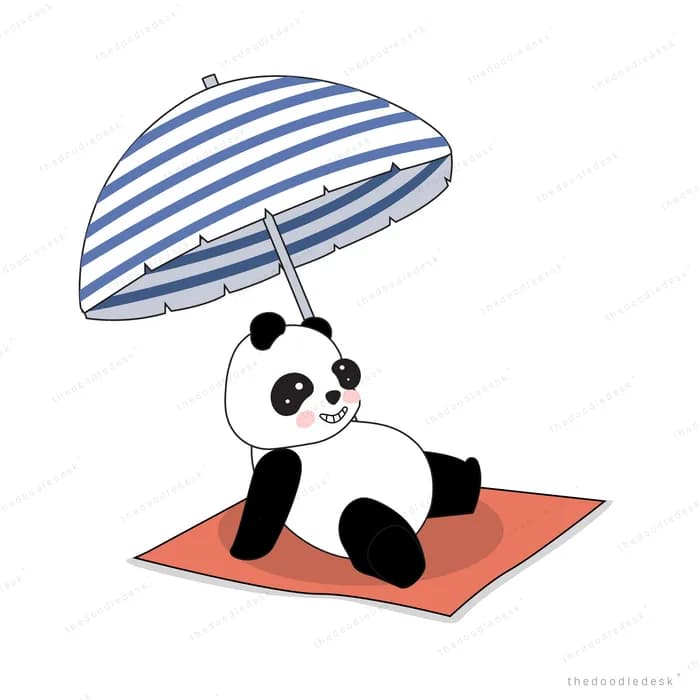Panda sunbathing on a mat under a striped parasol