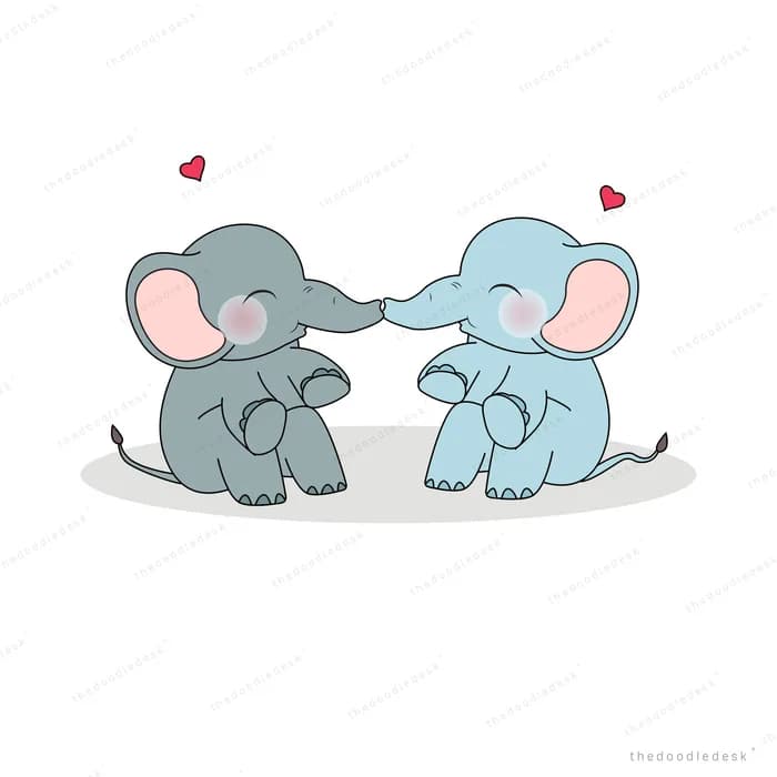 Two elephants touching trunks with hearts