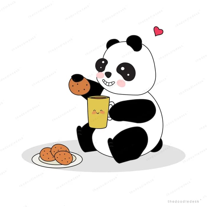 Panda holding a drink beside a plate of food