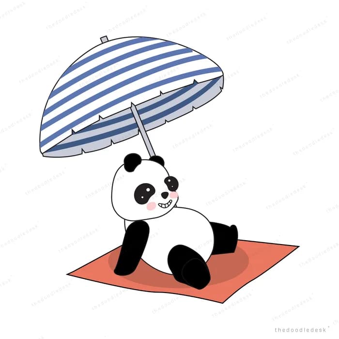 Panda sunbathing under a striped parasol