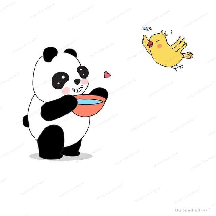 Panda eating from a bowl as a chick flies past