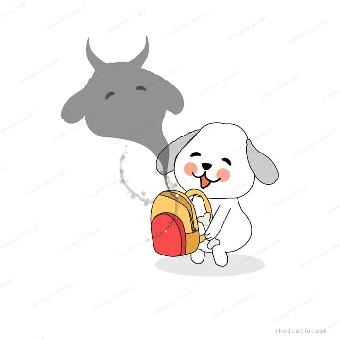 Dog with a backpack beside a large grey shadow animal