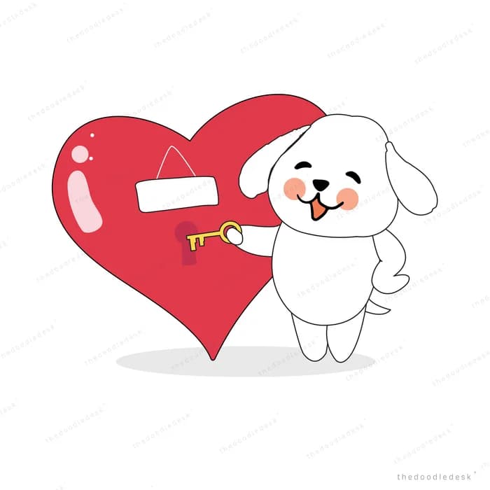 Dog beside a red heart with a key and lock