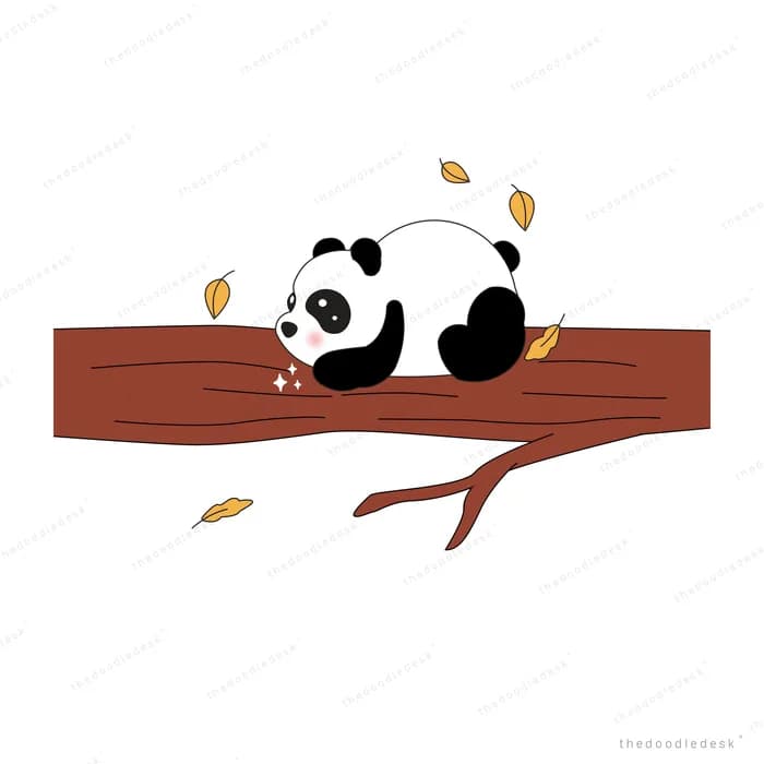 Panda draped over a branch with falling leaves