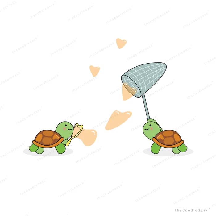 Two turtles under falling umbrella shapes