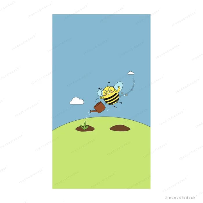 Bee flying over a green field under blue sky