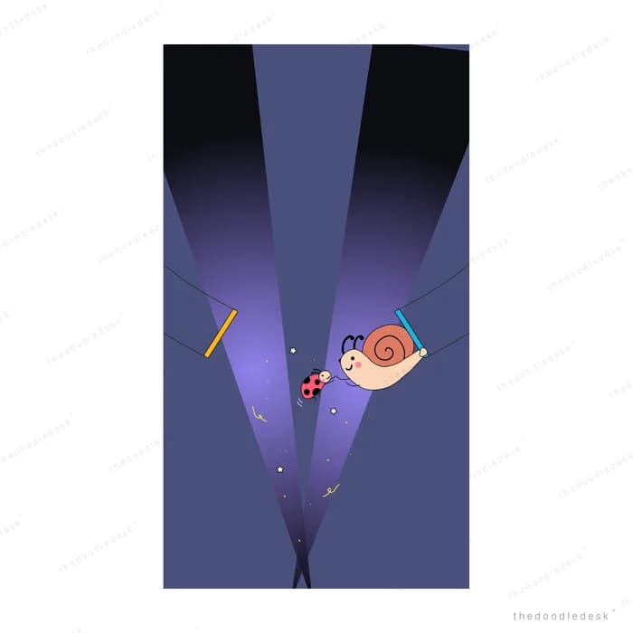 Snail and bird in a dark purple spotlight