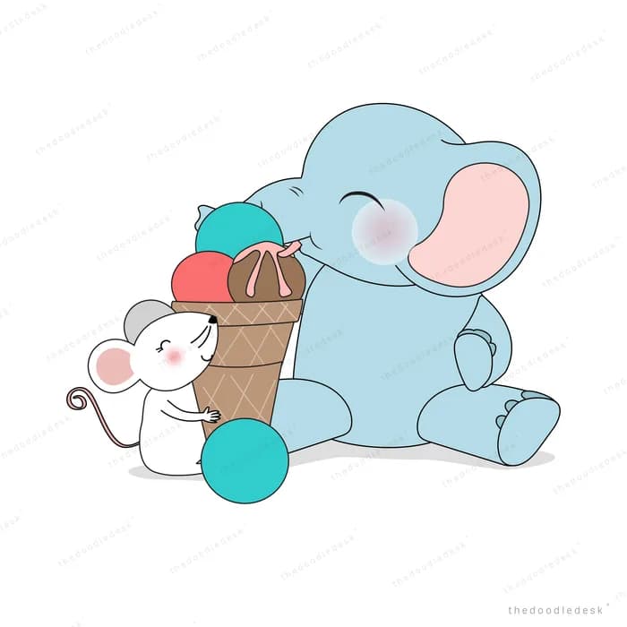Elephant and mouse with yarn balls and a bag