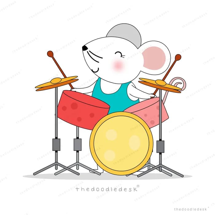 Mouse playing a full drum kit