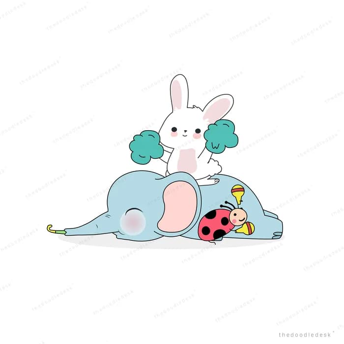 Rabbits resting on a reclining elephant