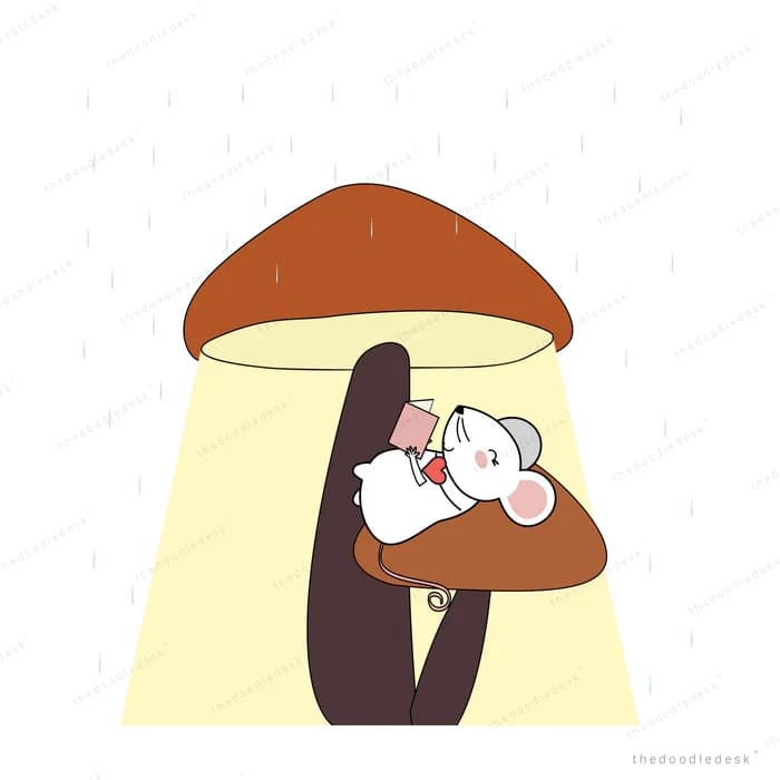 Dog sheltering under a giant mushroom cap
