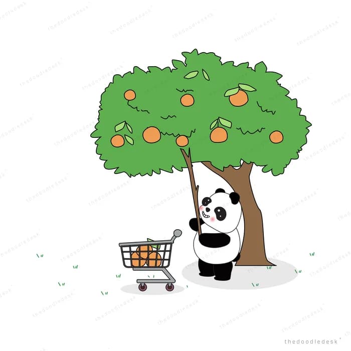Panda with a shopping trolley by a fruit tree