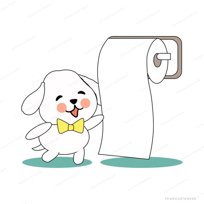 White puppy in a yellow bow tie standing beside a big toilet paper roll