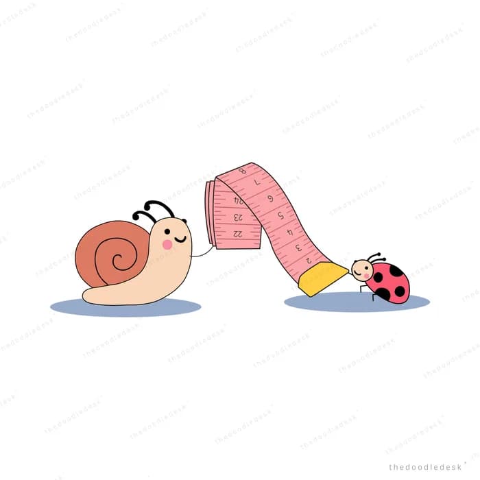 Snail and ladybug stretching a pink measuring tape between them