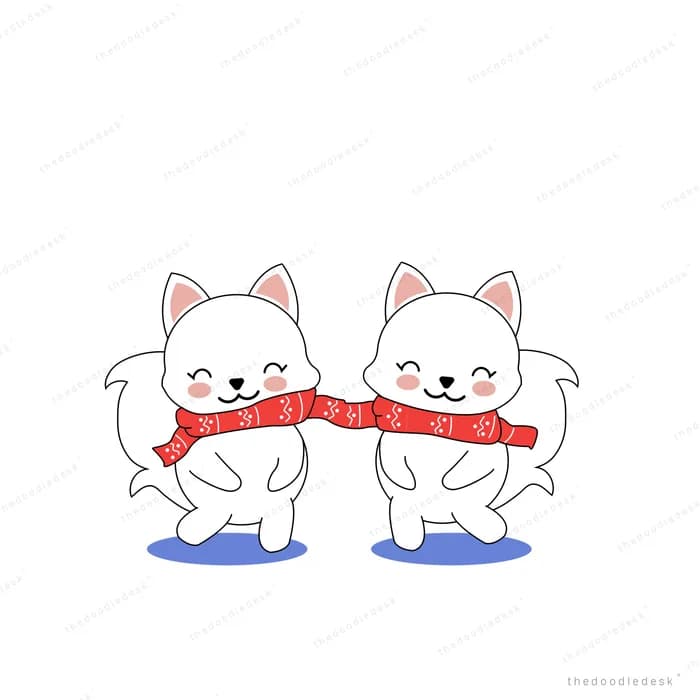 Two white cats standing side by side sharing one long red scarf