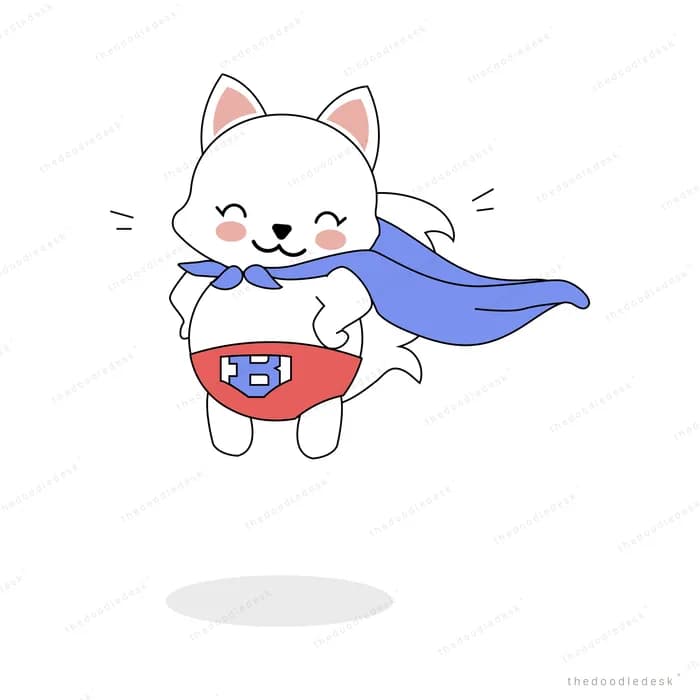 White cat in a blue cape and red superhero briefs flying forward