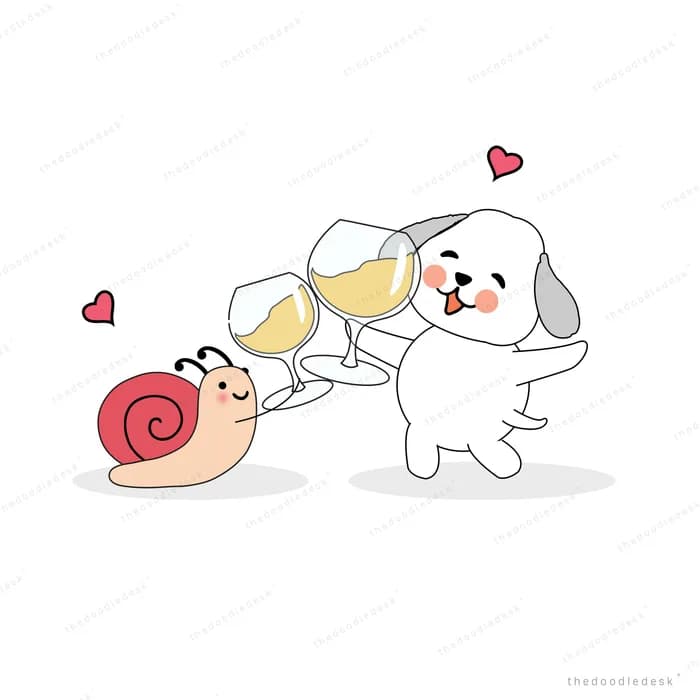 Snail and white puppy clinking wine glasses together