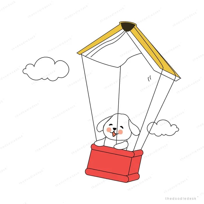 Puppy riding a hot air balloon made from an open book above the clouds