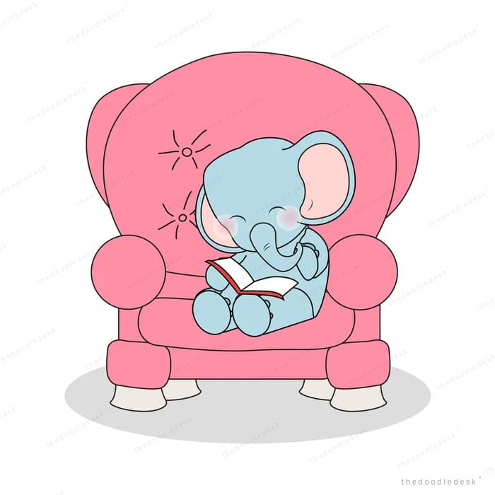 Baby elephant curled up reading a book in a large pink armchair