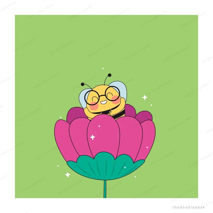 Bee wearing round glasses sitting inside a pink lotus on a green square