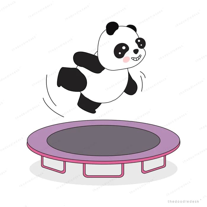 Panda bouncing high off a pink trampoline