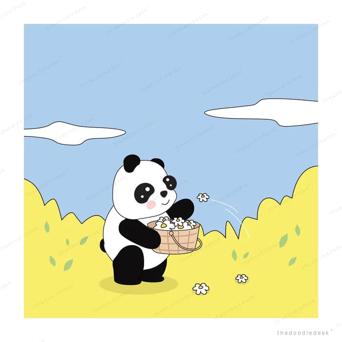 Panda carrying a basket of white flowers through a yellow field
