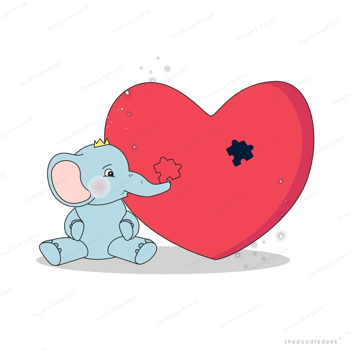 Crowned baby elephant fitting a puzzle piece into a large red heart