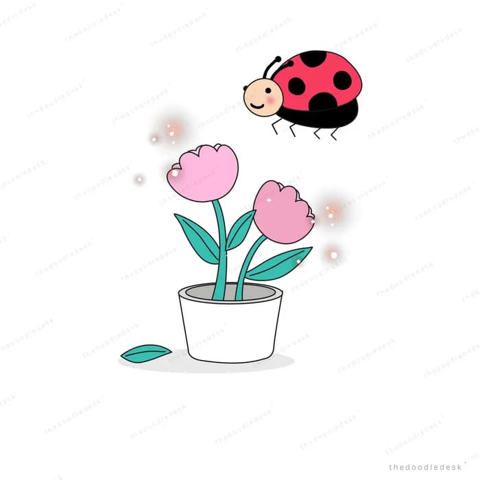 Ladybug flying above a potted pink tulip plant