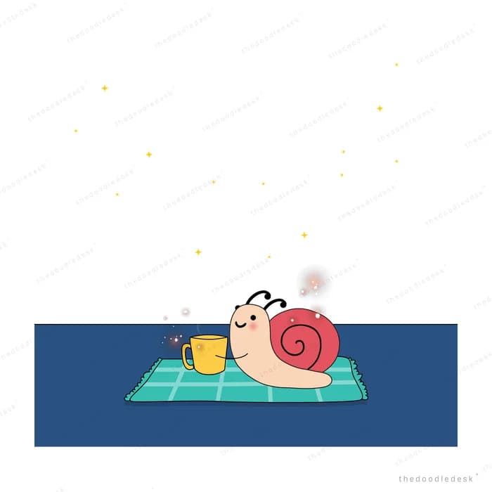 Snail lounging on a checked picnic mat with a yellow cup and a lantern