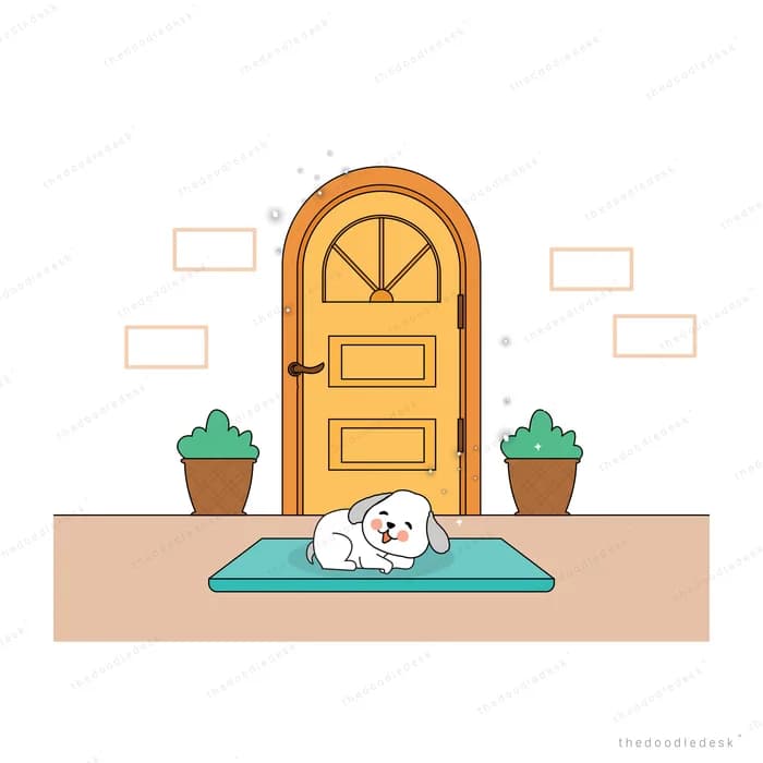 White puppy lying on a mat outside a wooden front door between potted plants
