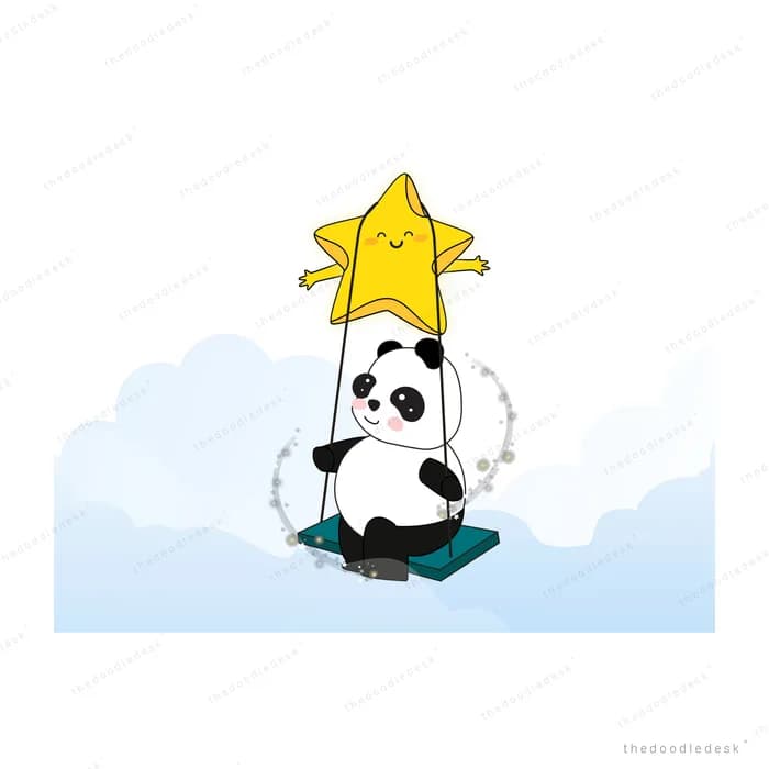 Panda swinging on a swing hung from a smiling star above the clouds