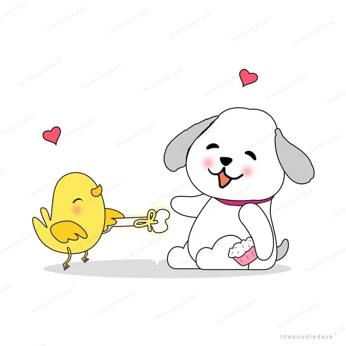 Yellow chick handing a bone to a white puppy