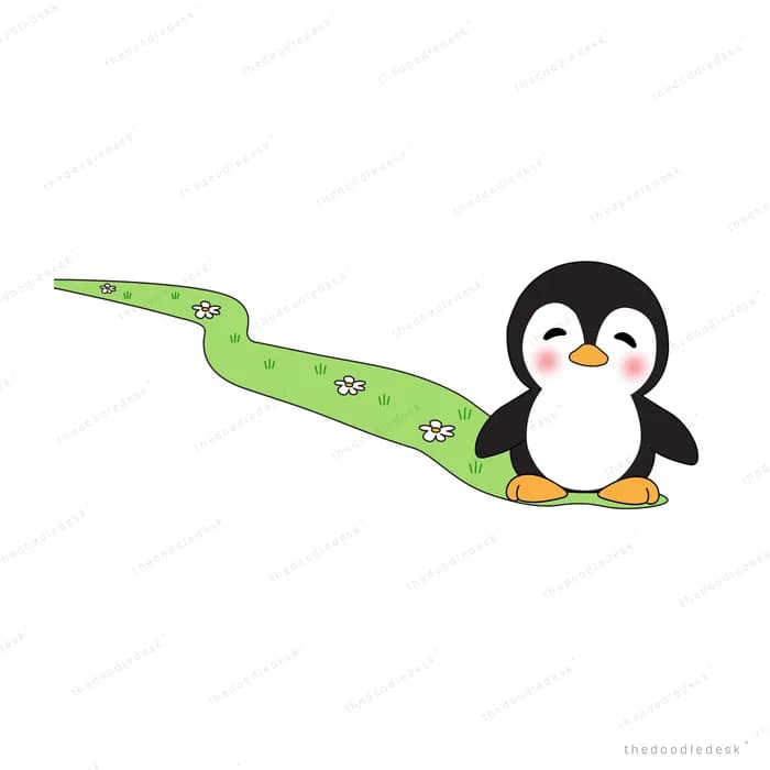 Penguin sitting at the bottom of a long green slide