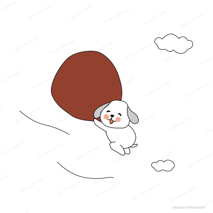 White puppy hauling a huge red sack through the clouds
