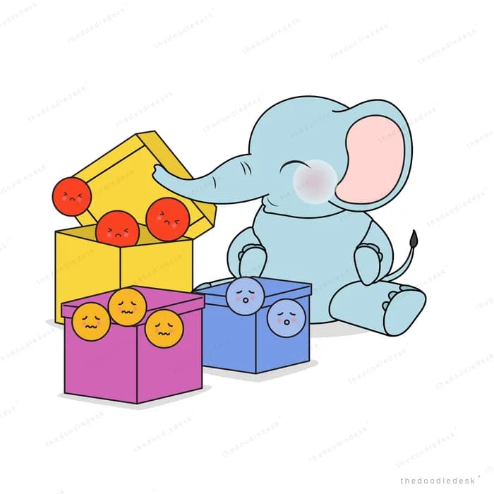 Baby elephant sitting beside a stack of colourful gift boxes