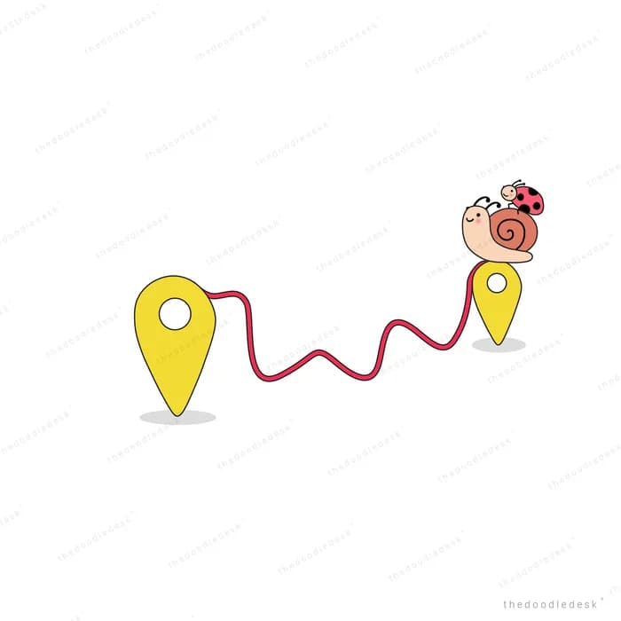 Snail carrying a ladybug travelling a winding route between two map pins