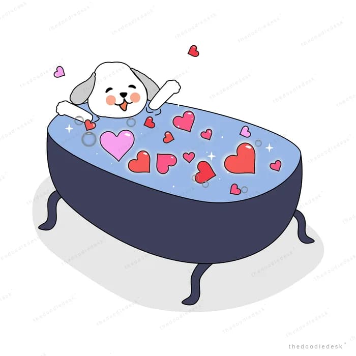 White puppy lounging in a bathtub filled with floating hearts