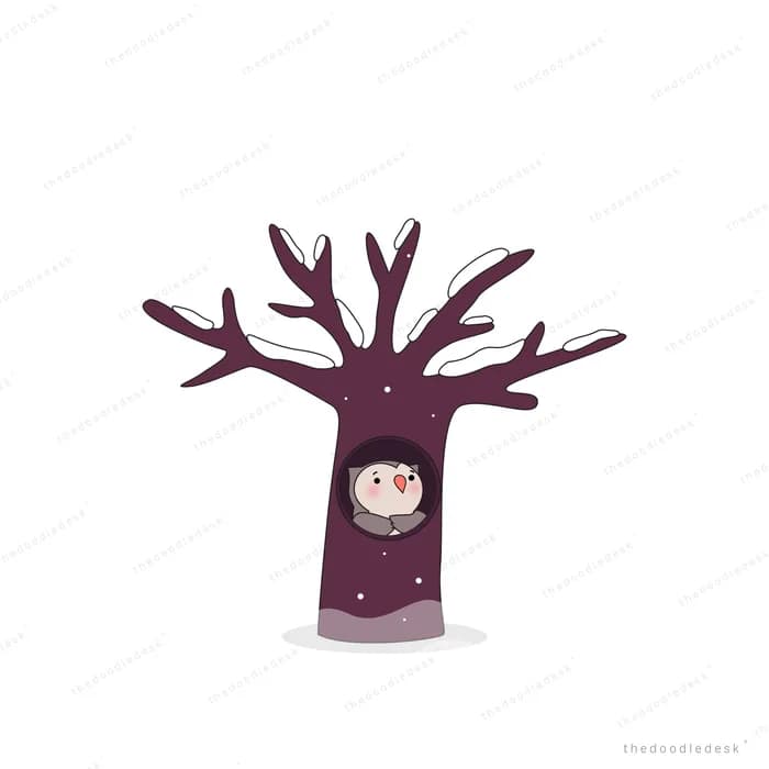 Owl peeking out of a hollow in a bare purple tree