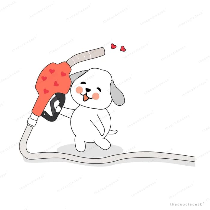 White puppy hugging a red fuel pump nozzle with hearts above
