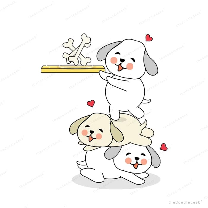 Four puppies piled in a stack with the top one balancing a plank of bones