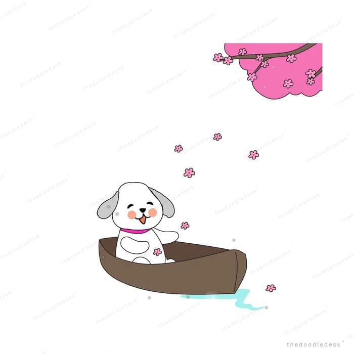 White puppy rowing a wooden boat under pink blossom branches
