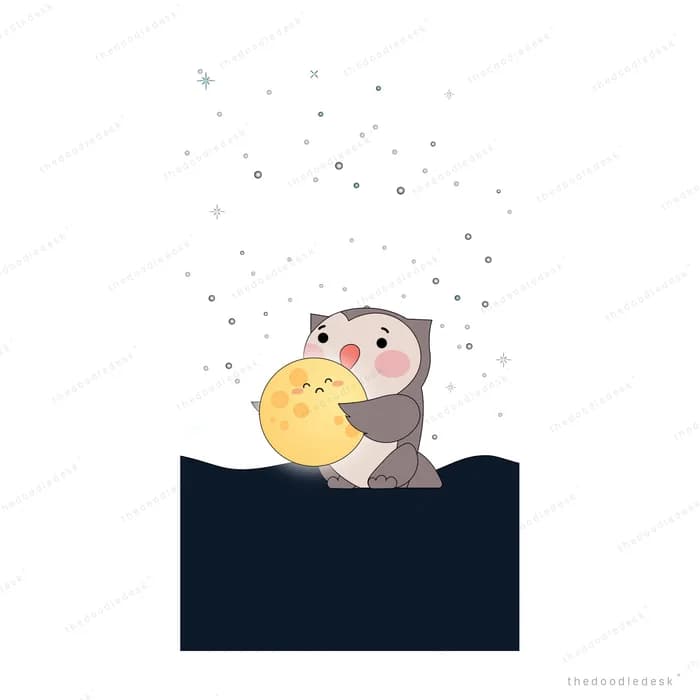 Owl hugging a yellow moon behind a dark ledge under falling stars