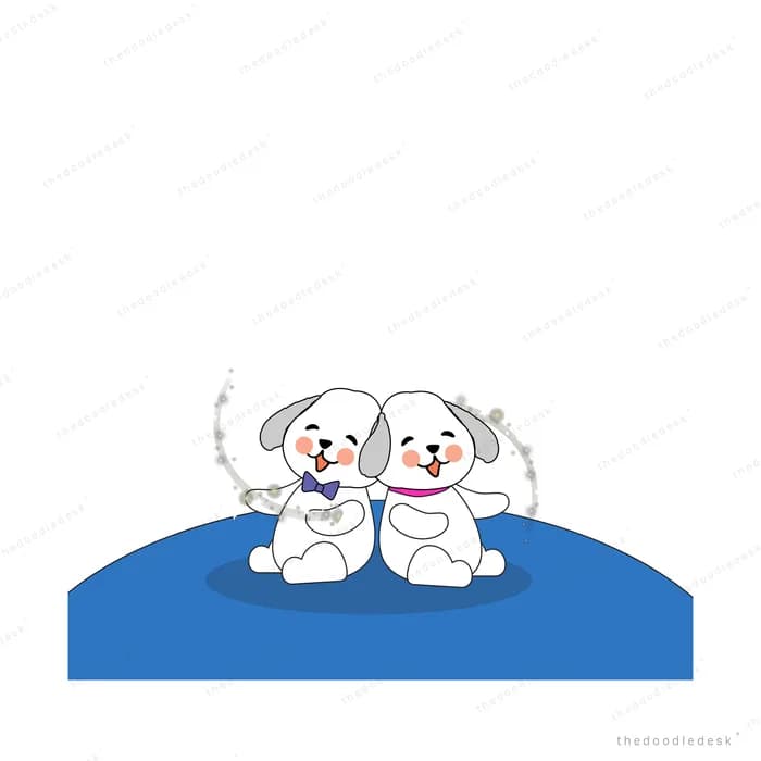 Two white puppies sitting together on a blue hill holding a beaded garland