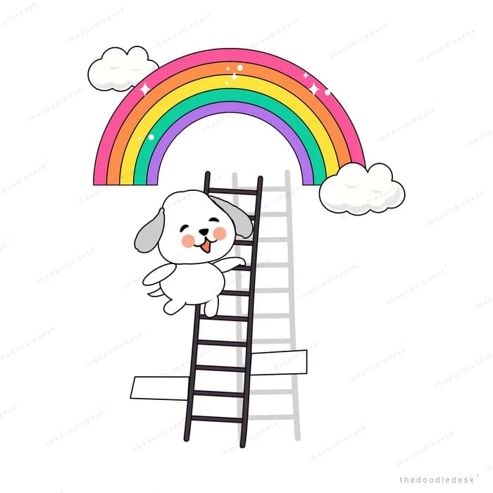 White puppy climbing a ladder up toward a rainbow